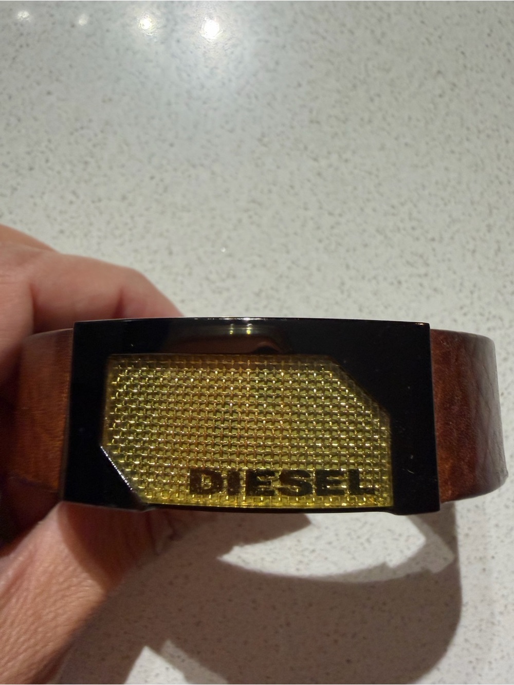 Diesel Brown Leather Bracelet with Black Logo Plate